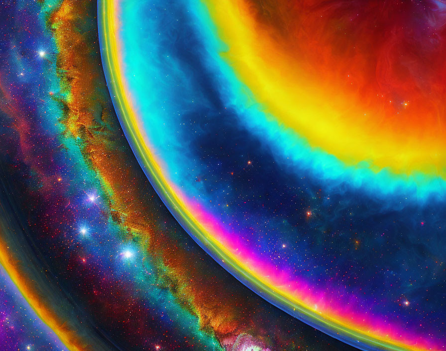 Colorful cosmic scene with swirling rainbow hues and luminous galactic structure