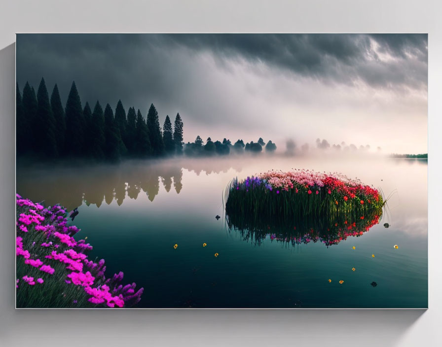 Tranquil dusk lake with mist, vibrant flower island, and dark tree silhouettes