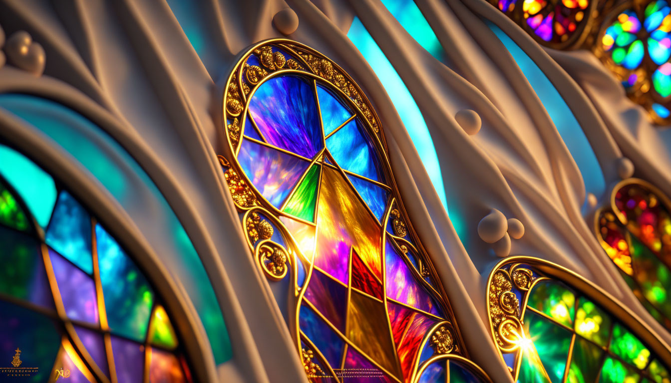 Vibrant stained glass windows in white arched frames