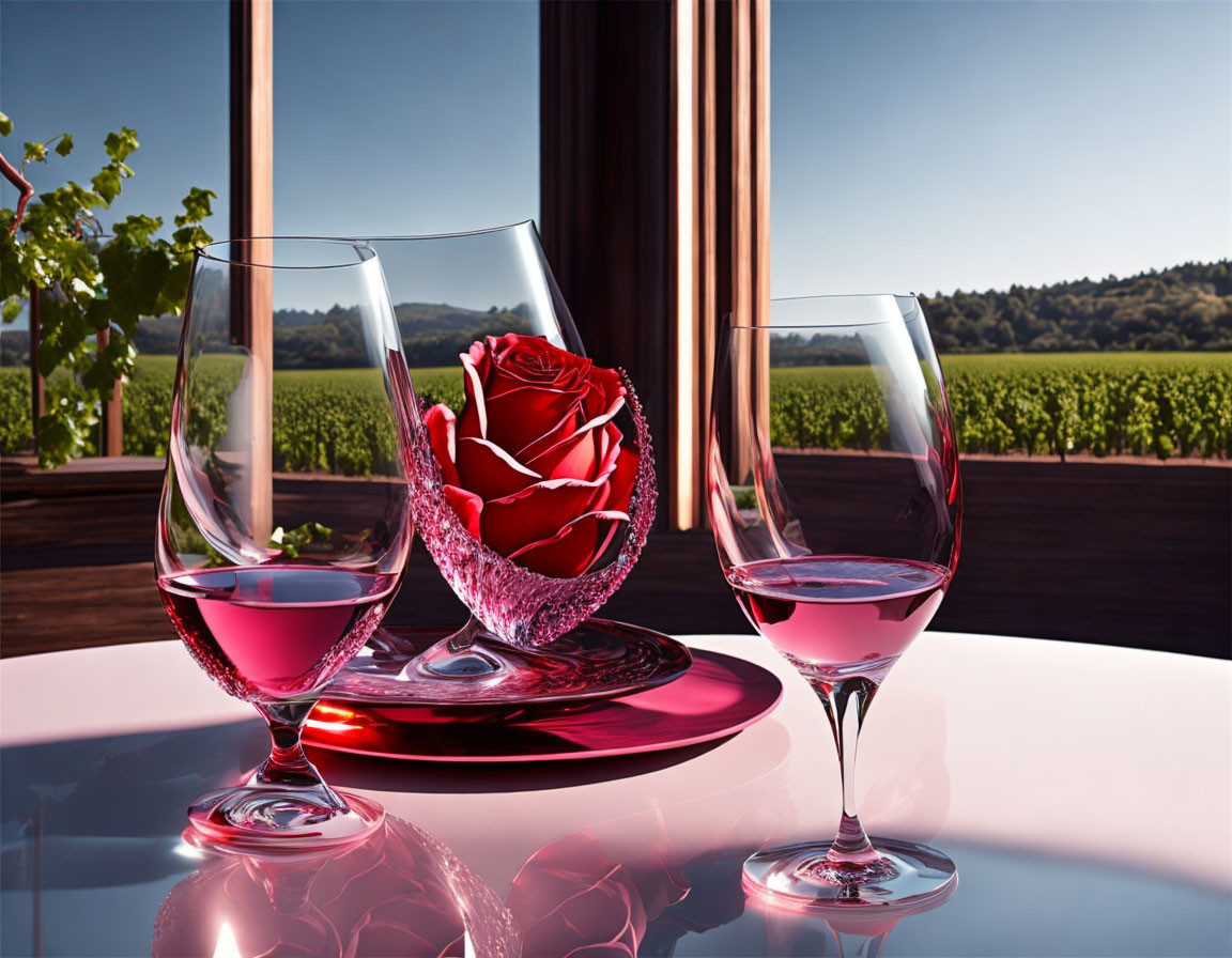 Red liquid in wine glasses with rose, vineyard backdrop