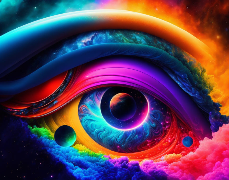 Colorful Abstract Cosmic Scene with Swirling Nebulas and Eye-like Spiral