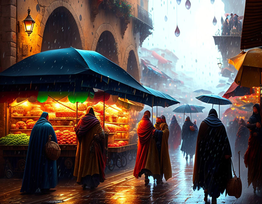 Colorful cloaks, umbrellas, and a fruit market on rain-drenched cobblestone street