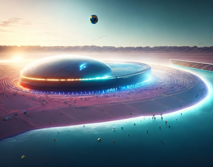 Futuristic stadium by water with glowing orange sky and hovering sphere