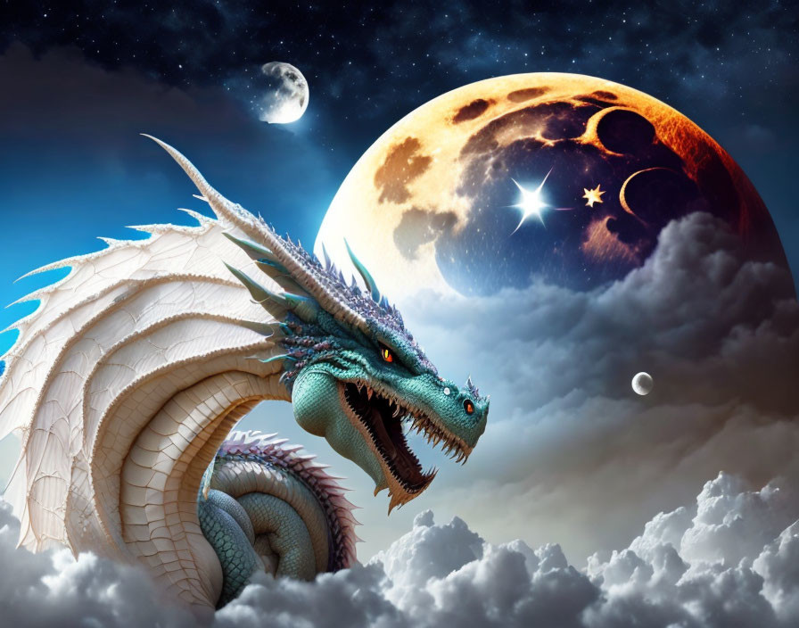 Turquoise-scaled dragon under starlit sky with moon and clouds