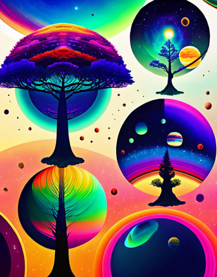 Colorful Cosmic Tree Artwork in Circular Frames