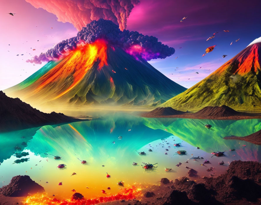 Twin erupting volcanoes by reflective lake with colorful sky