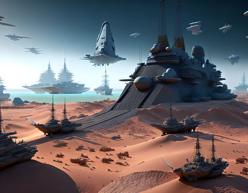 Futuristic maritime ships above desert landscape with sci-fi blend