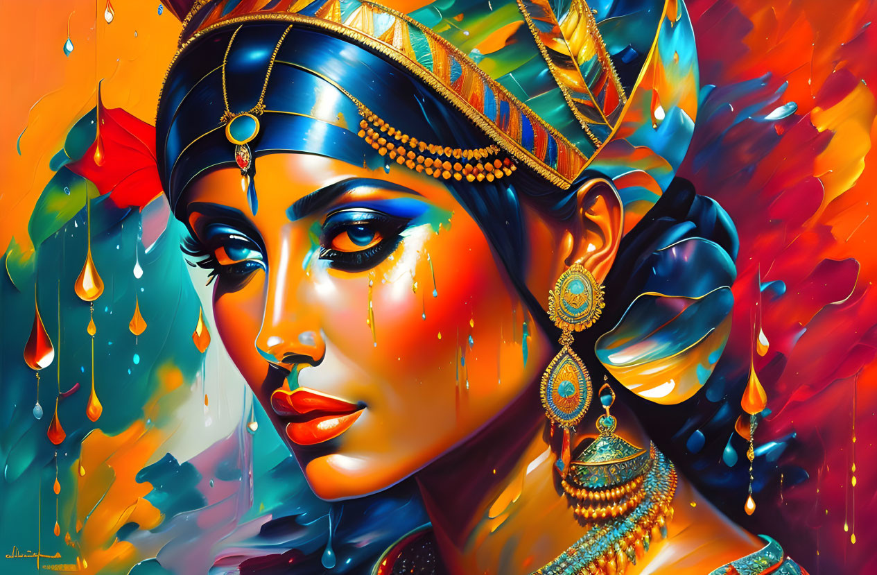 Colorful digital art portrait of a woman with gold jewelry and traditional headpiece