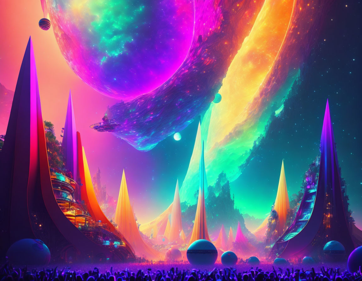 Colorful sci-fi landscape with towering spires and alien structures