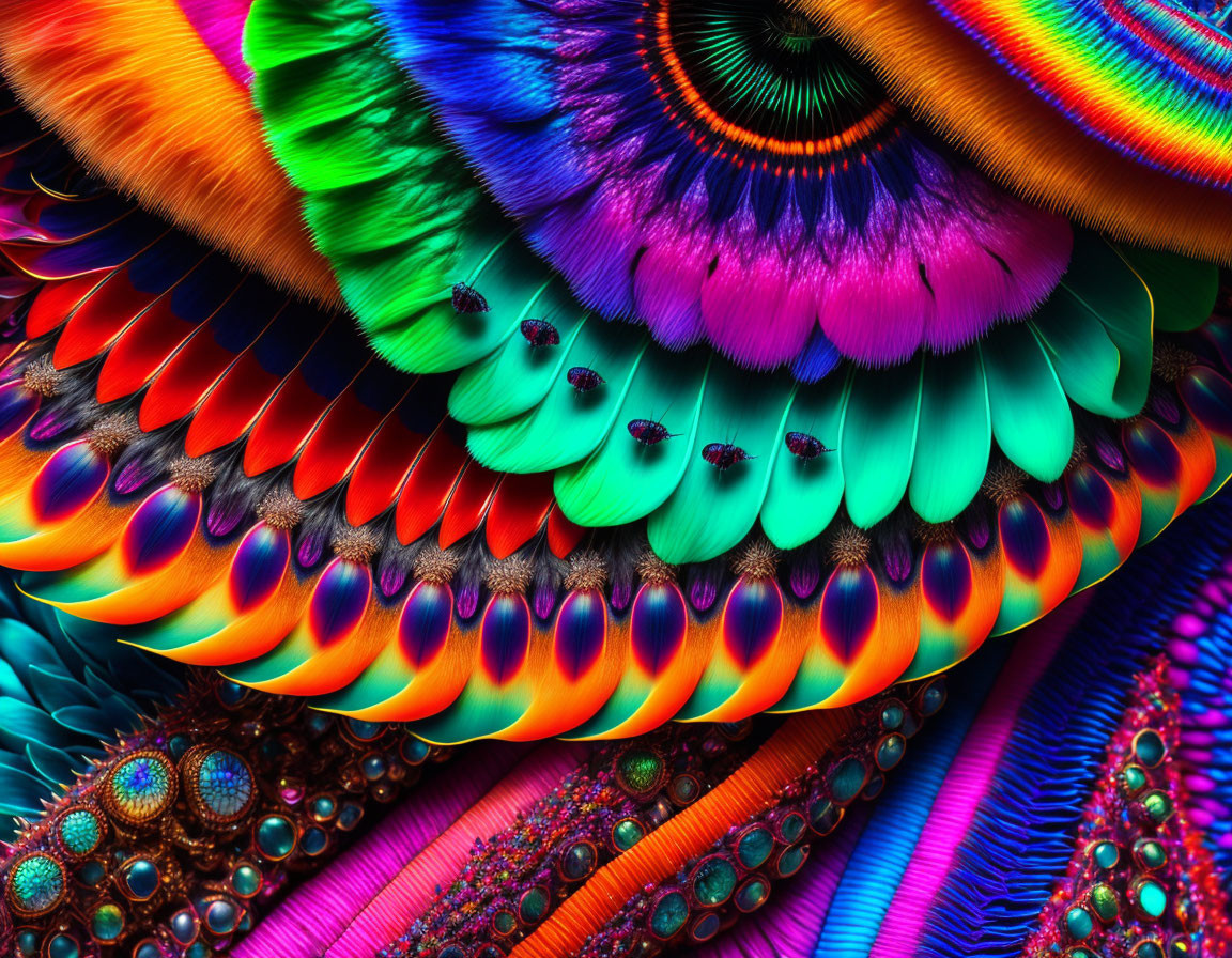 Abstract digital art: Vibrant colors, feather-like patterns, iridescent textures, dark fly-like