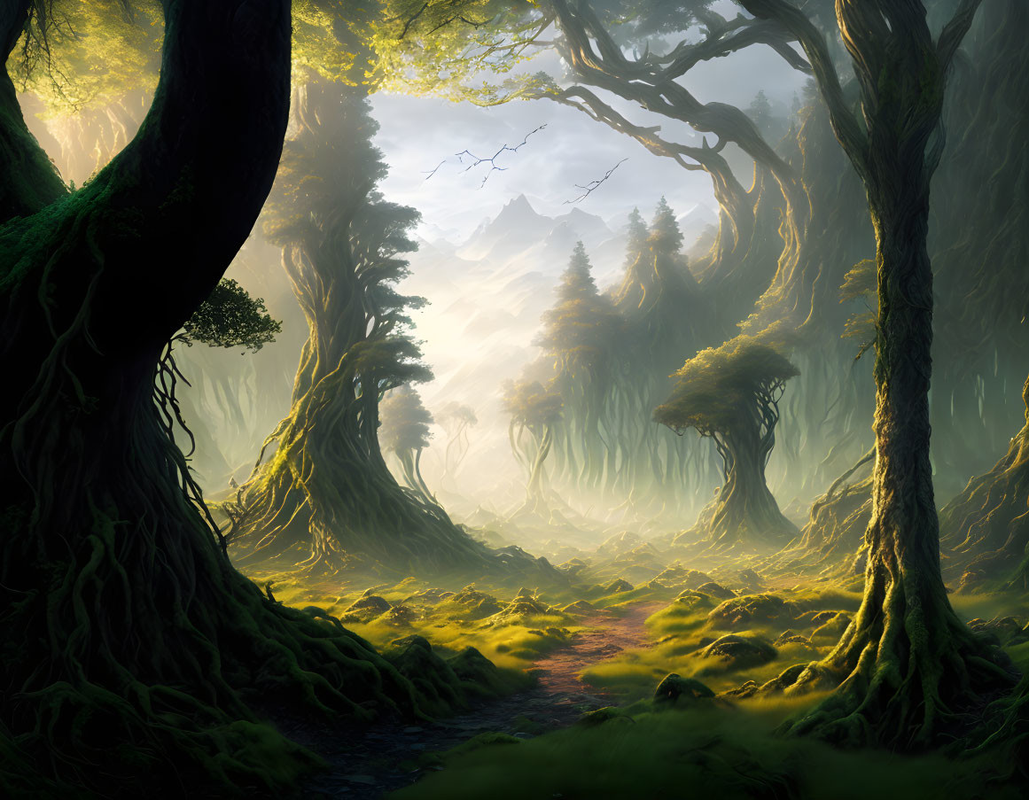 Enchanting forest scene with towering trees and sunlit clearing