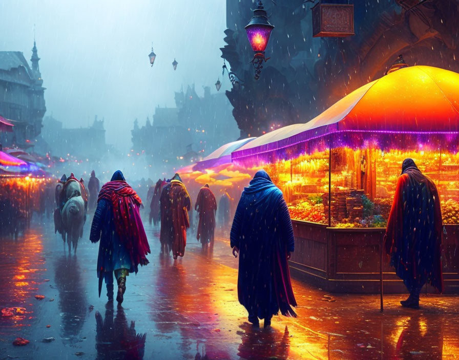 People in cloaks walk on rain-soaked street near illuminated market stalls and historic architecture.