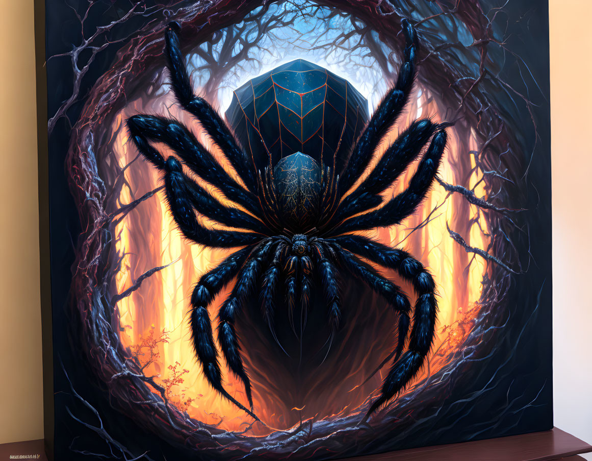 Stylized spider on fiery background with glowing runes in web-like frame