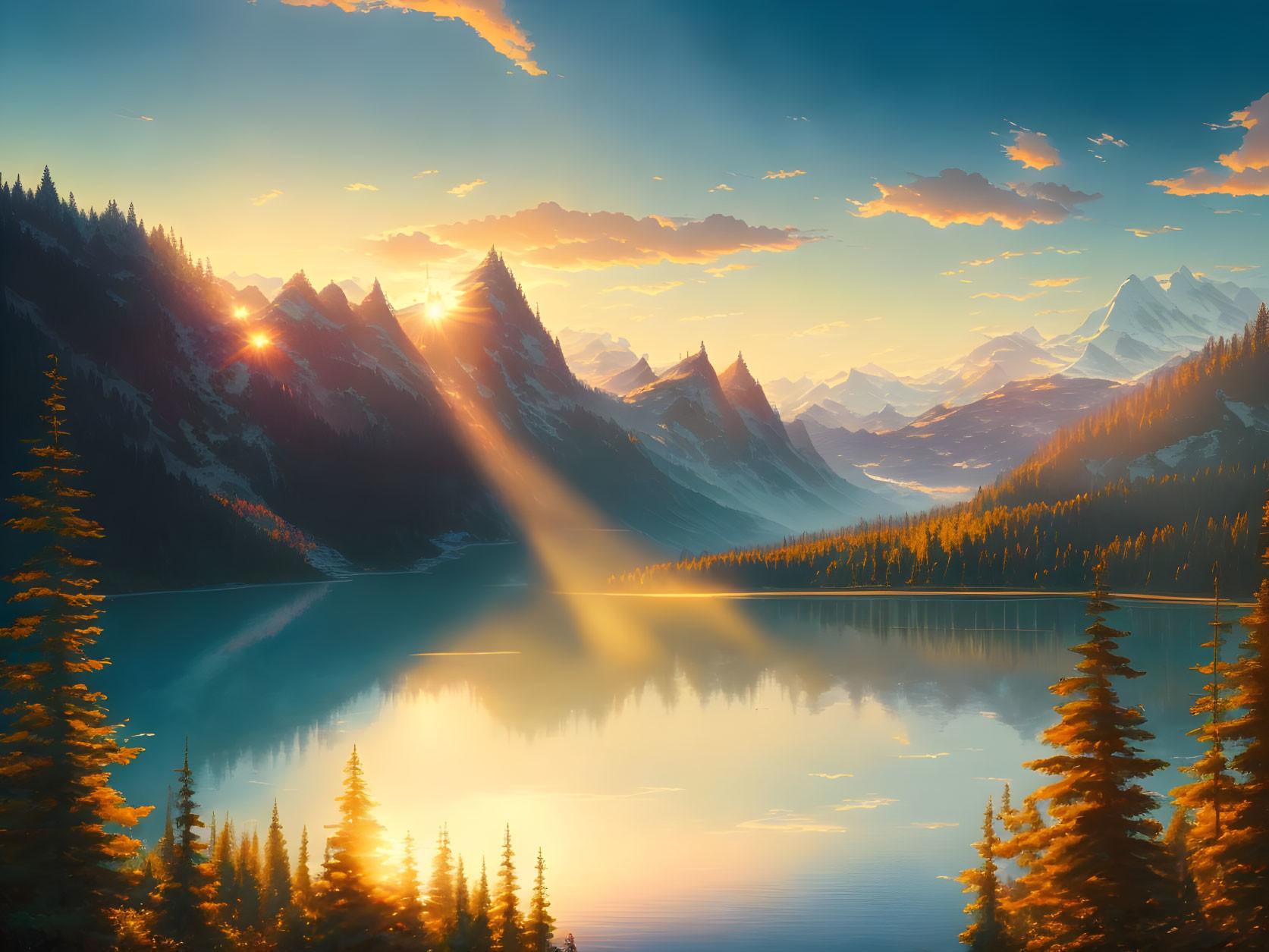 Mountain lake sunrise with sunbeams reflecting on water.