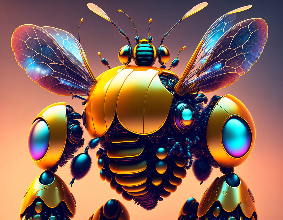 Colorful Stylized Digital Artwork: Exaggerated Bee with Metallic Finish