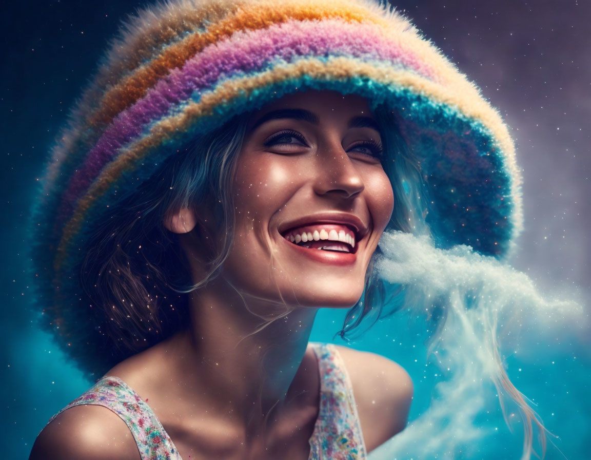 Colorful Hat Woman Smiling Surrounded by Blue Particles