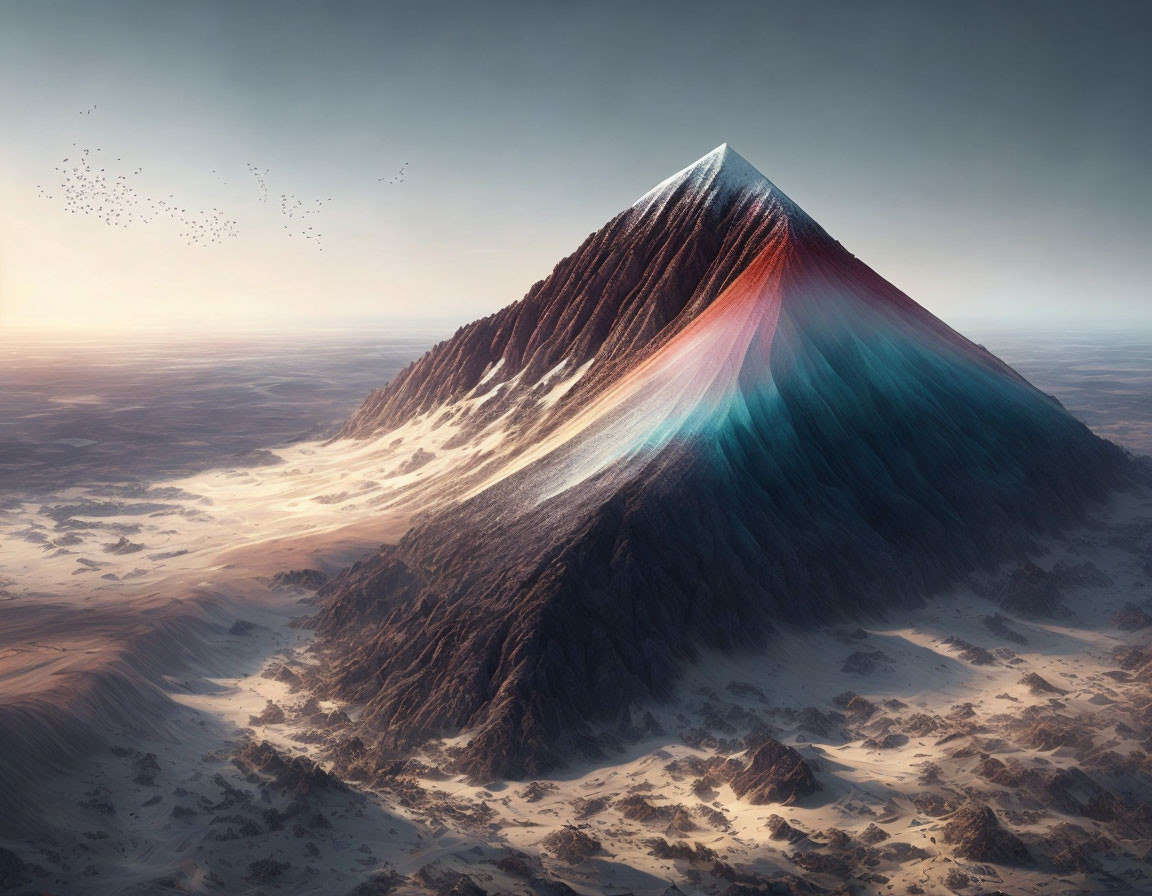 Vibrant light beam forms rainbow on mountain in desert scene