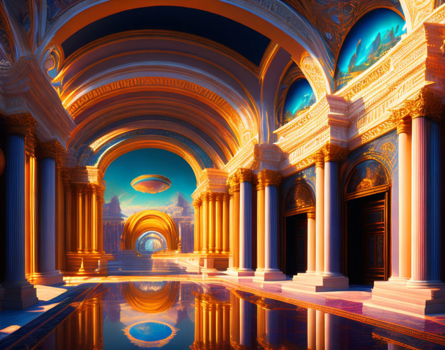 Sunlit corridor with arches and reflective floor leading to floating city view