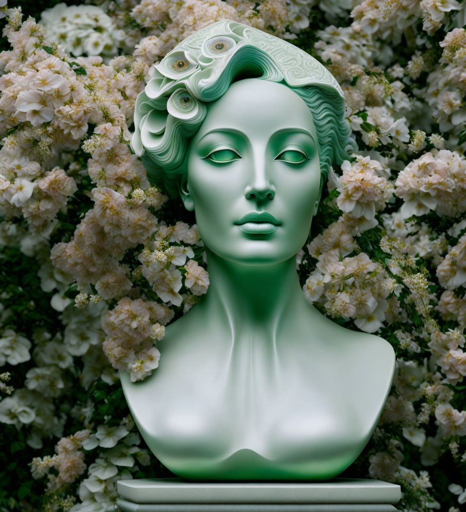 Ethereal green female bust with stylized hair in floral setting