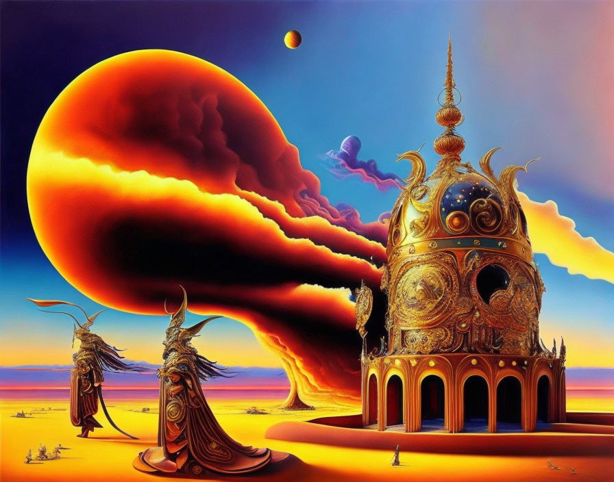 Surreal landscape featuring large orange sun, golden palace, robed figures, vibrant sky.