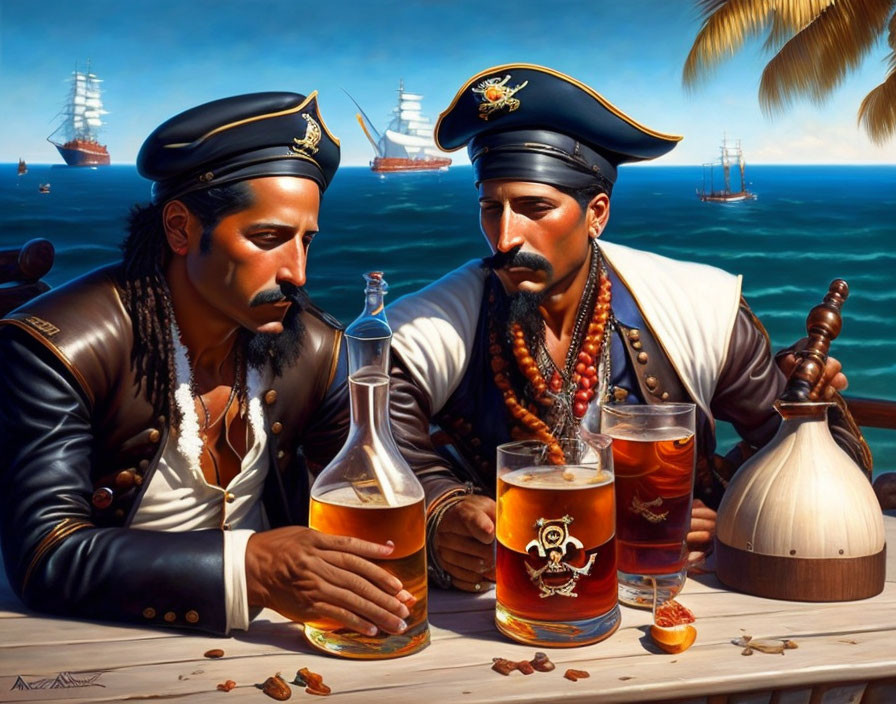 Pirates drinking at table with sailing ships in background