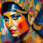 Colorful digital art portrait of a woman with gold jewelry and traditional headpiece