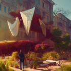 Tranquil garden scene with lush plants, hanging flowers, glowing lights, and a white dog among