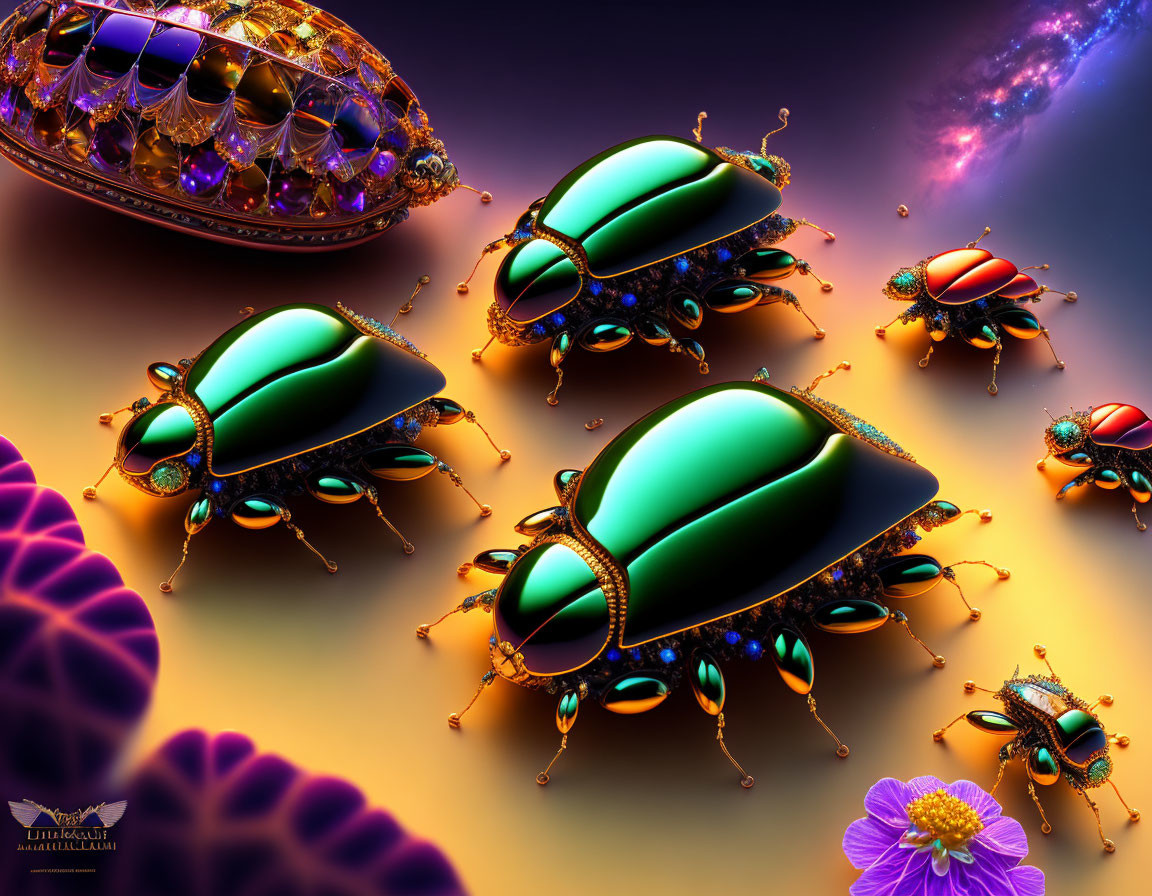 Colorful Jewel-Like Beetles on Purple Background with Cosmic Theme