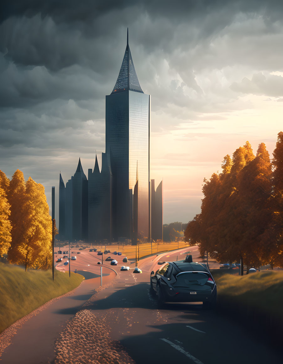 Futuristic cityscape with skyscraper, tree-lined roads, and sunset sky