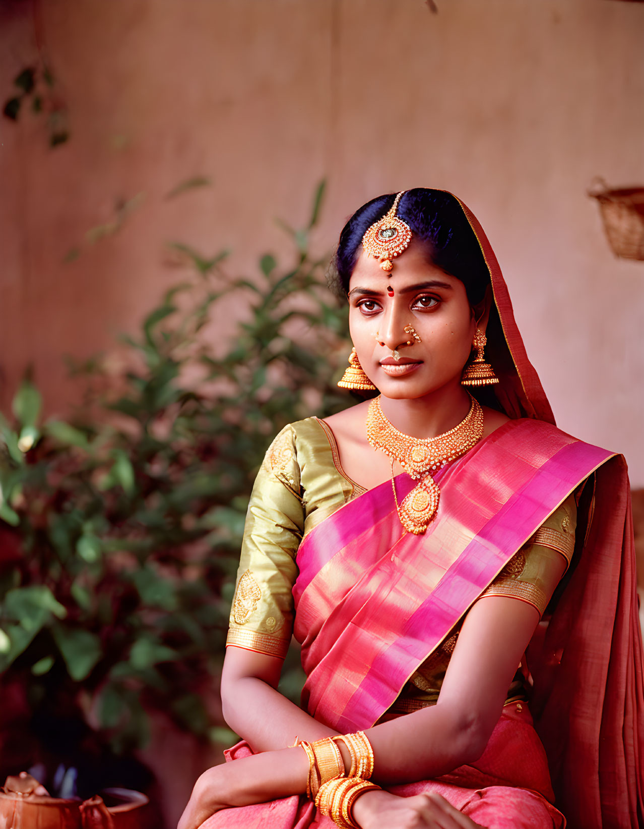 Traditional Indian Attire Woman with Gold Jewelry Seated Thoughtfully