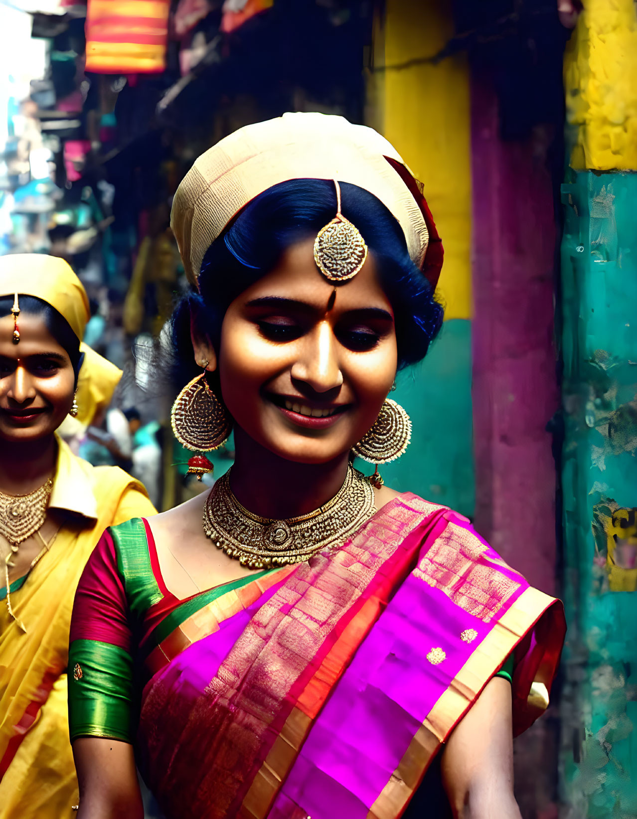 Traditional Indian attire: Women in sari, headpiece, and jewelry in colorful alley.