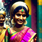 Traditional Indian attire: Women in sari, headpiece, and jewelry in colorful alley.