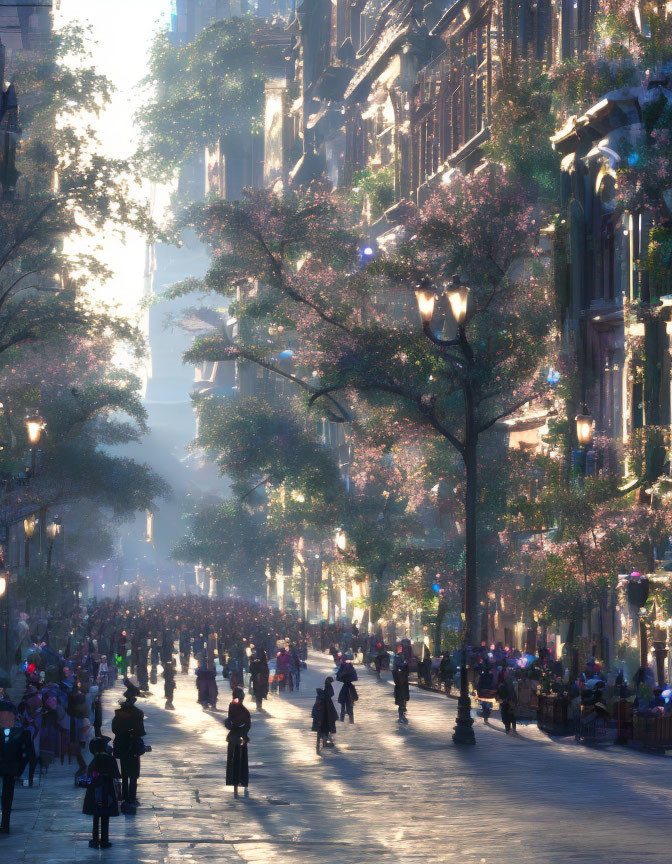 City street at sunset with pedestrians, blooming trees, and classic architecture