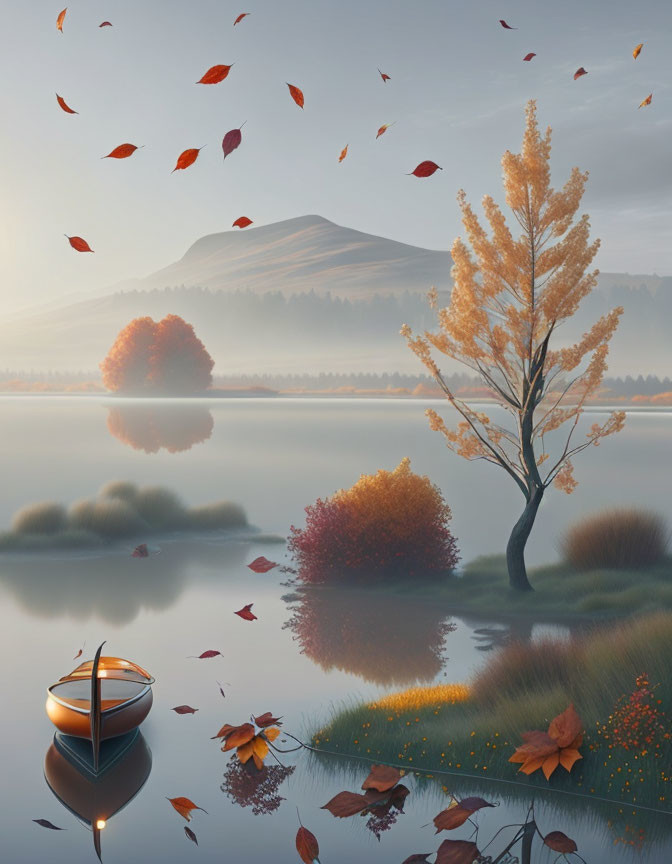 Tranquil autumn scene: lake, golden tree, floating leaves, boat, hazy hills