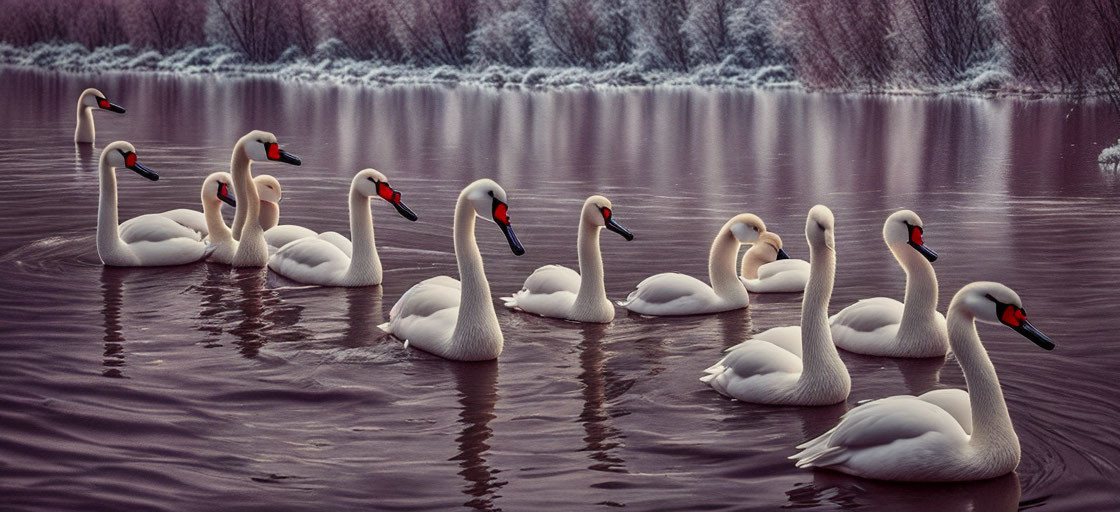 Graceful white swans with orange beaks on tranquil lake with frost-covered scenery