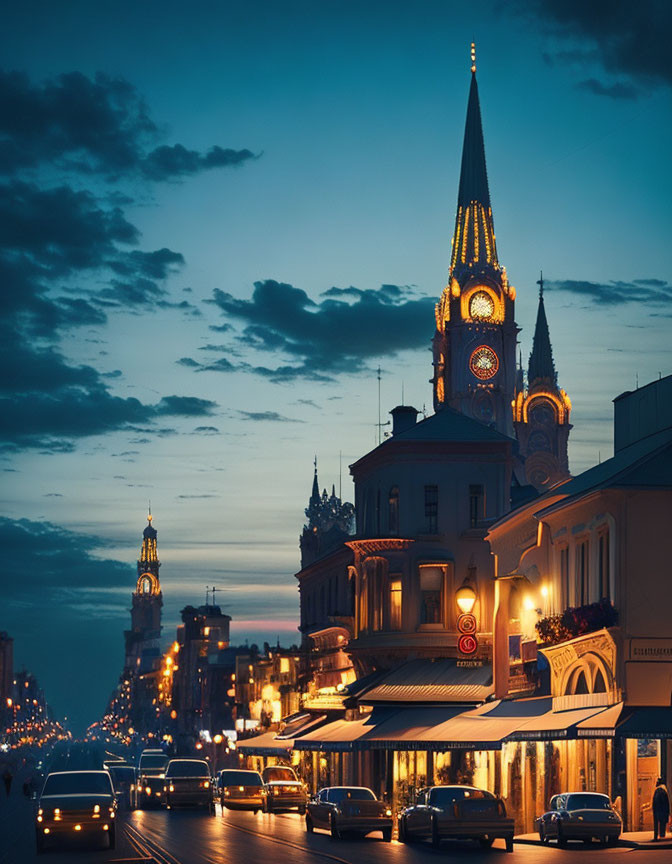 City street at twilight with cars, illuminated buildings, clock tower, and dusk sky.