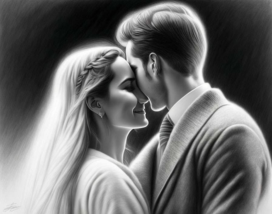 Monochrome illustration of couple touching foreheads lovingly