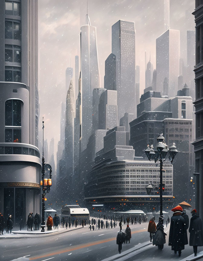 Snowy cityscape with pedestrians, bus, and tall buildings in winter.