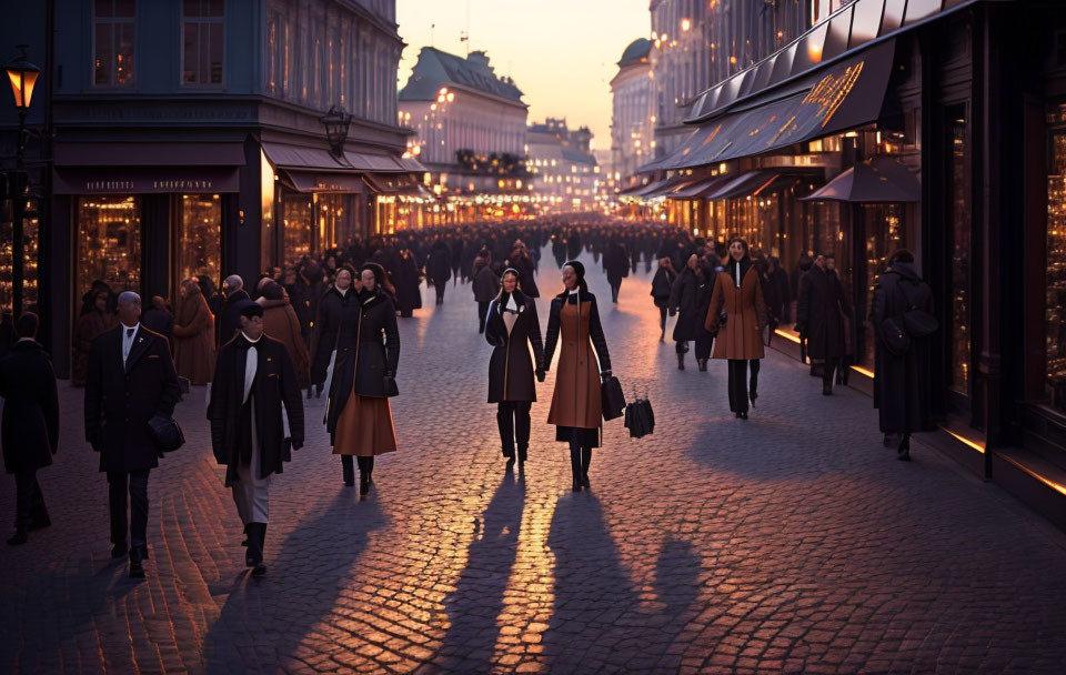 City street at dusk with illuminated shopfronts and long shadows