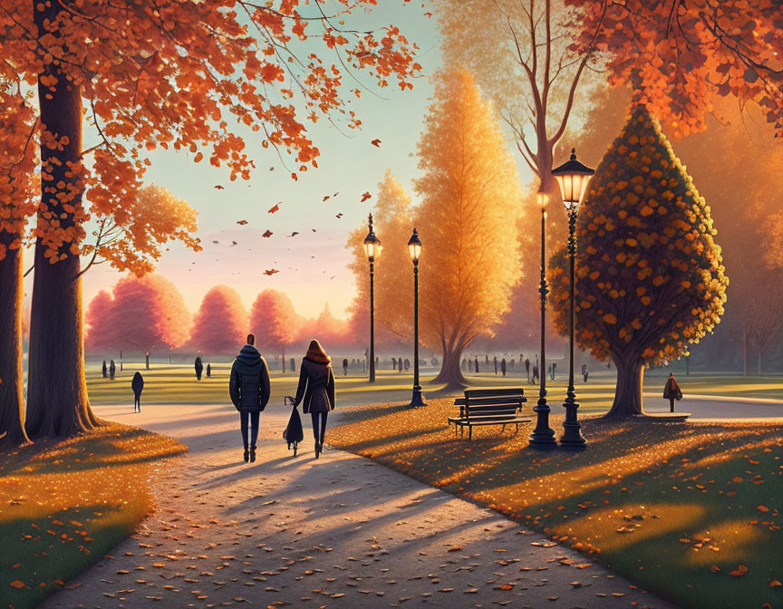 Scenic autumn park path with couple walking at sunset