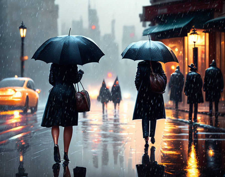 Rainy evening city street scene with individuals holding umbrellas.