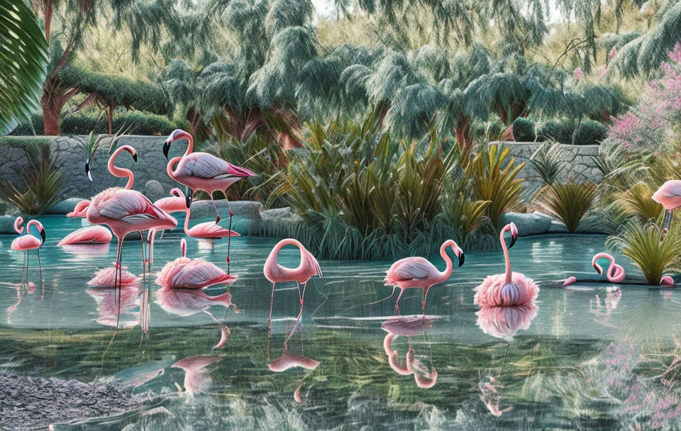 Flamingos in Serene Water with Green Vegetation