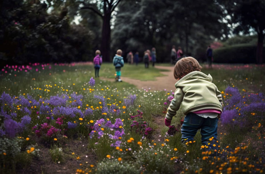 Child in Green Jacket Explores Colorful Flowerbed in Park Setting