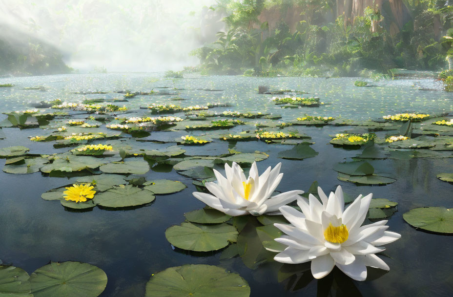 Tranquil pond with water lilies in misty, ethereal light