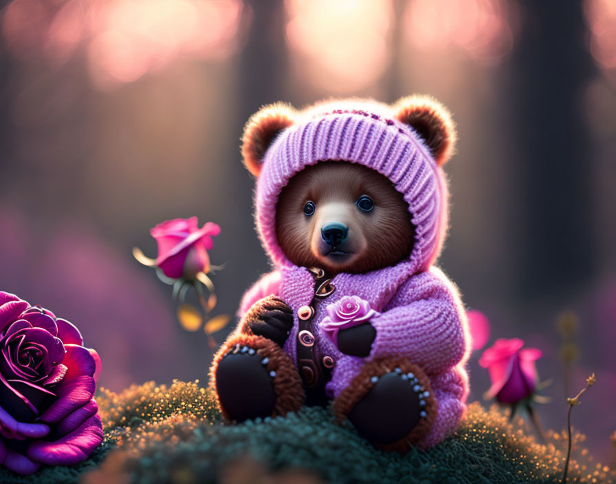 Plush Teddy Bear in Purple Knitted Hoodie Among Flowers