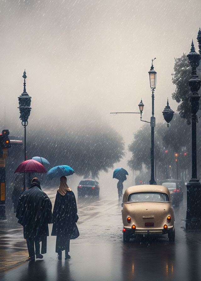 Couple with umbrellas by vintage car on rainy street