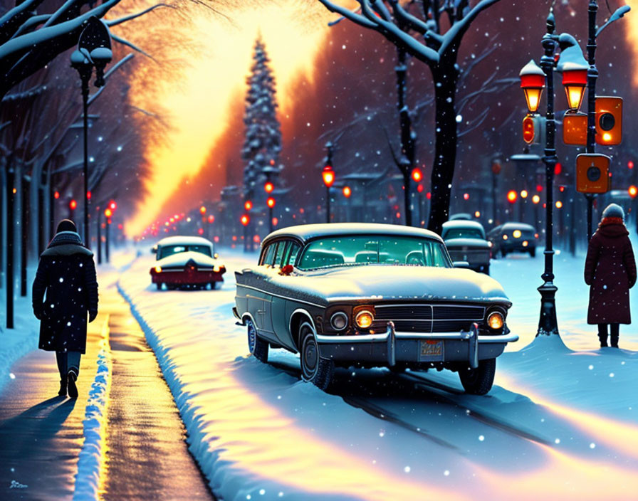 Snow-covered street scene with vintage car, pedestrians, and street lamps at dusk