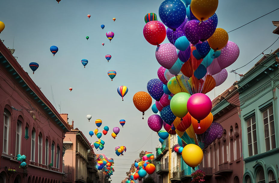 Vibrant balloons float over pastel buildings