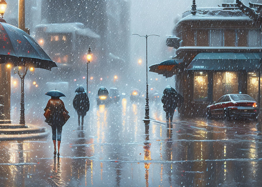 Snow-covered city street with people holding umbrellas at dusk