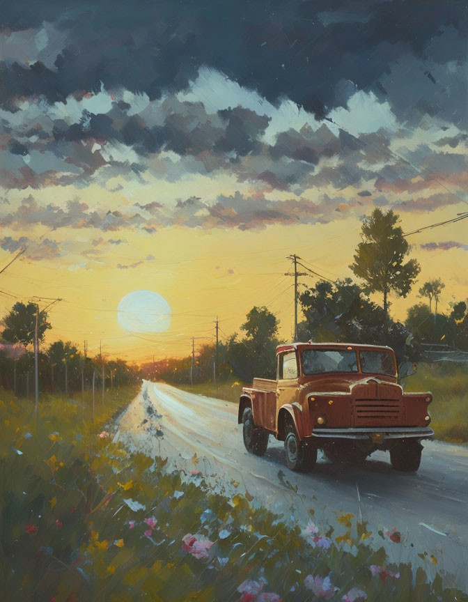 Vintage truck on country road at sunset with vibrant skies & wildflowers